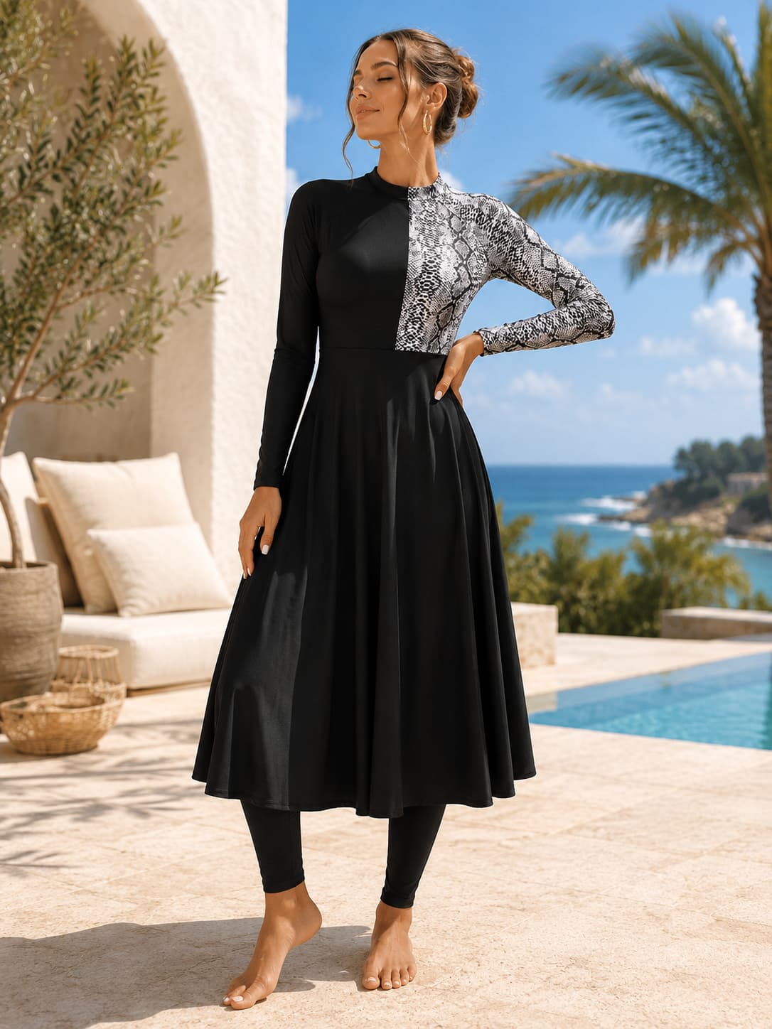 Modest Long Sleeve Swim Dress with Leggings