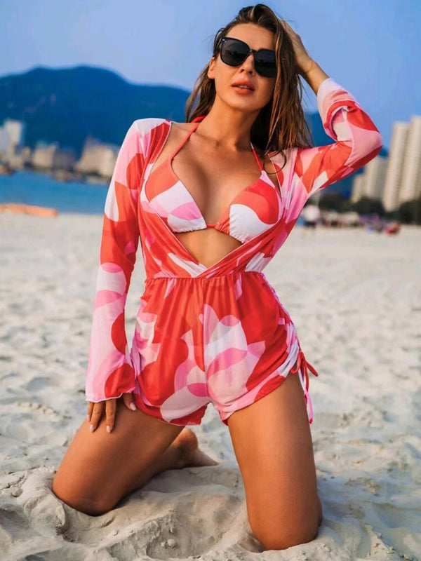 Sexy printed bikini three-piece swimsuit with UV protection UPF50+ Rash Guard