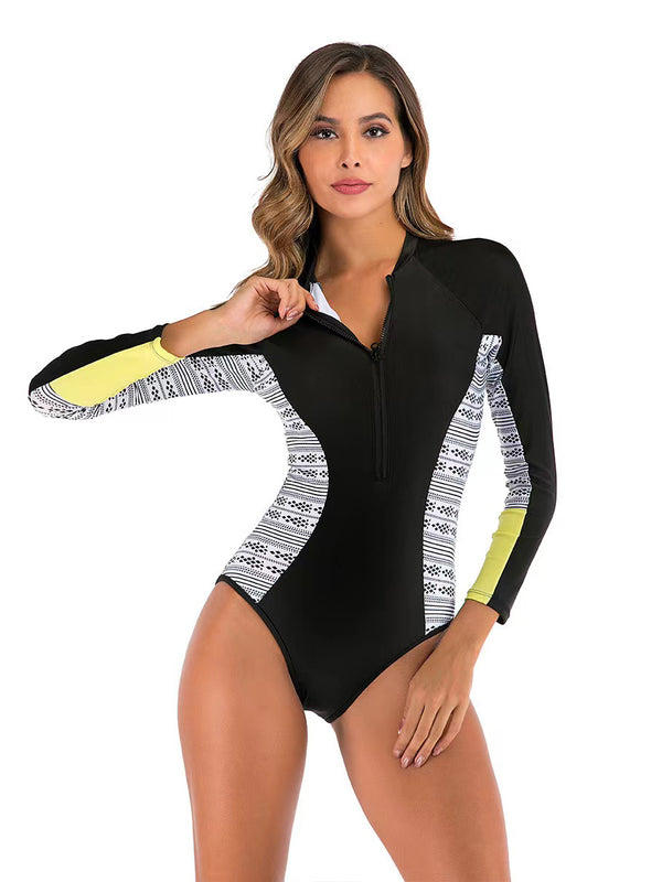 Long-sleeve zippered swimsuit with side print UPF50+ Rash Guard