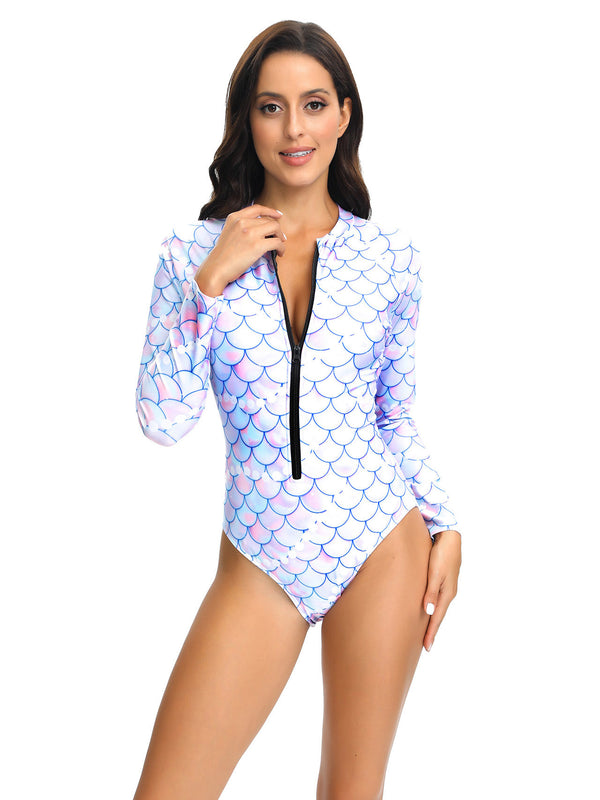 Women's Fashion Printed Long Sleeve One Piece Swimsuit UPF50+ Rash Guard