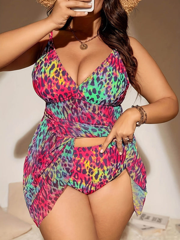 Plus size women's swimsuit printed cover-up with a pair of shorts