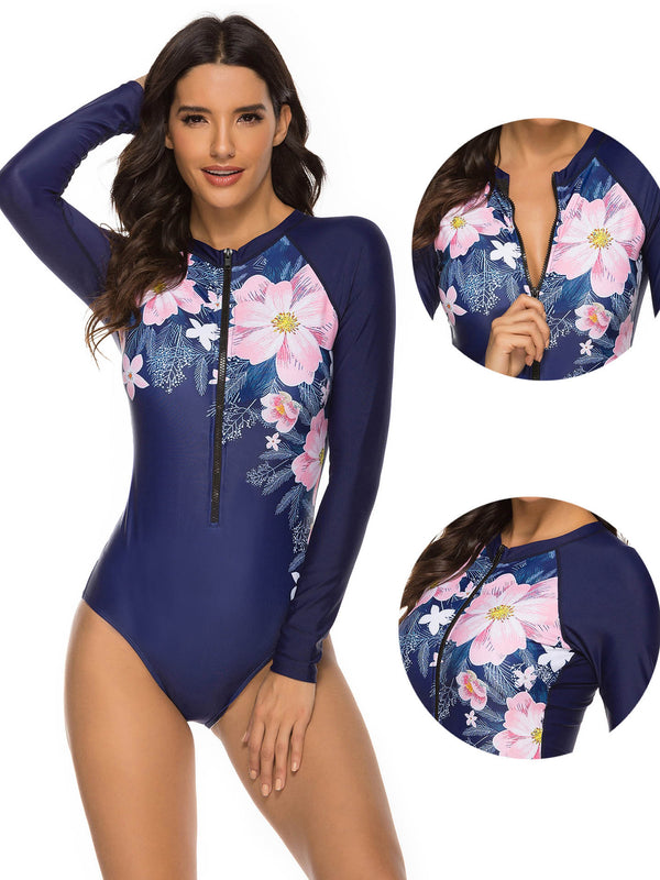 Floral Print Long Sleeve Front Zip UPF50+ Rash Guard