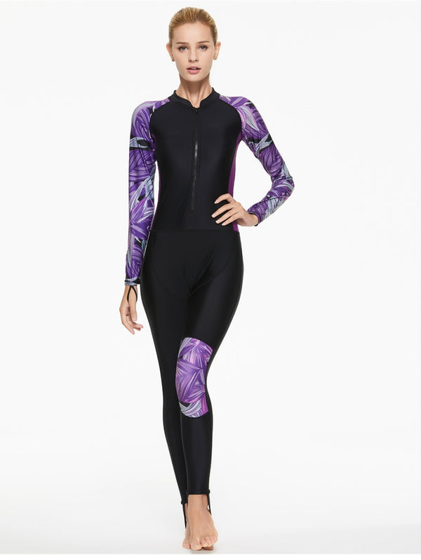 Long-sleeved and long-pants one-piece leaf print swimsuit with jellyfish and sun protection