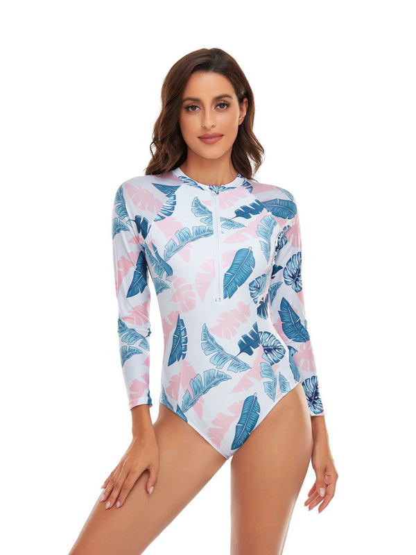 All-over leaf print long-sleeved fashionable swimsuit UPF50+ Rash Guard