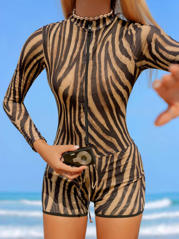 Zebra Print Long Sleeve One-Piece Rash Guard Swimsuit – UPF50+ Sun Protection
